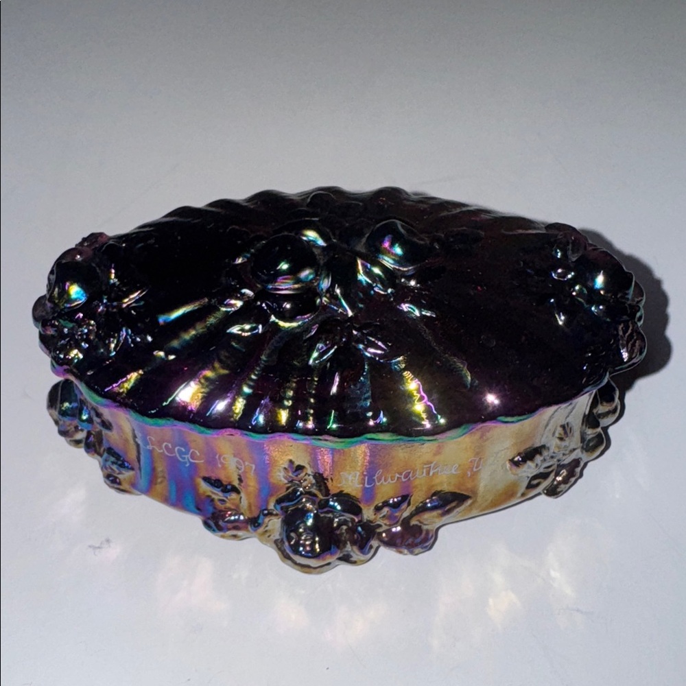 Fenton Cabbage Rose Trinket Box Purple Lincoln Land Carnival Glass Club 1997